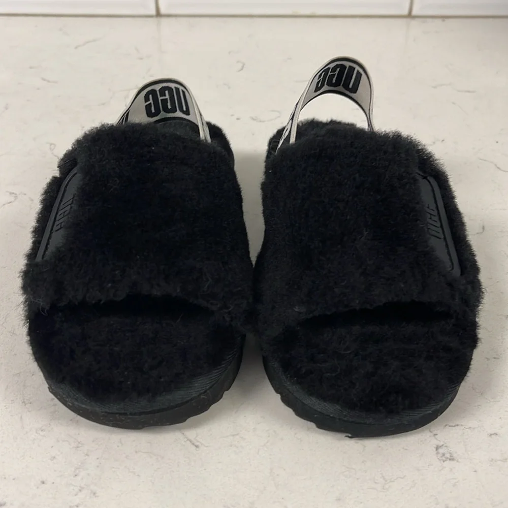 UGG Disco Slide Kids Black Fluffy Sandals - Slippers Size 13